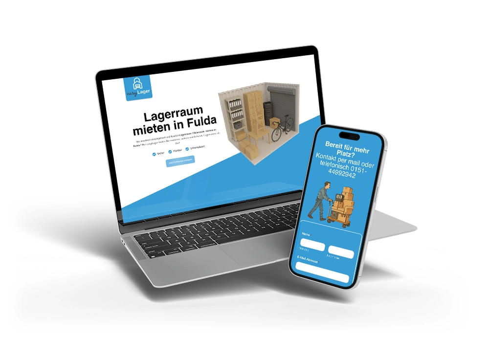 Webdesign-Mockup für easyLager Fulda auf Laptop und Smartphone – übersichtliche Benutzeroberfläche zur Vermietung von Lagerräumen von FourMedia.