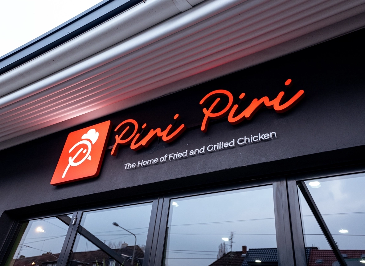 Modernes Logo-Design und Fassadengestaltung der Werbeagentur für das Restaurant Piri Piri – Fried and Grilled Chicken.