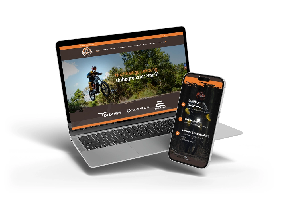 Webdesign-Mockup für Rhön E-Cross auf Laptop und Smartphone – modernes Interface für E-Motocross-Erlebnisse von FourMedia.