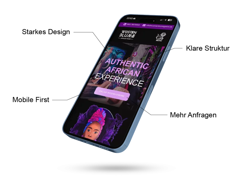 Smartphone-Mockup der responsiven Website für das Restaurant „Wüstenblume – African Food“, erstellt von der Werbeagentur FourMedia.