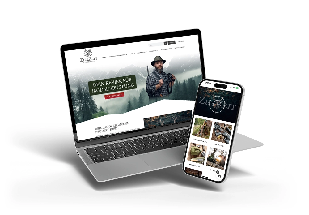 Webdesign-Mockup für den Onlineshop „ZielZeit Geringer“ auf Laptop und Smartphone – spezialisierter E-Commerce für Jagdausrüstung von FourMedia.