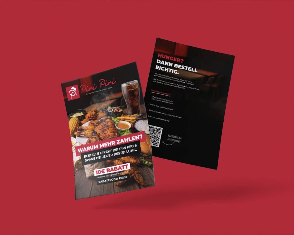 Modernes Flyer-Design für das Restaurant Piri Piri mit Fokus auf Direktbestellungen und Rabattaktionen – Print-Marketing von Simon Hohmann, FourMedia.
