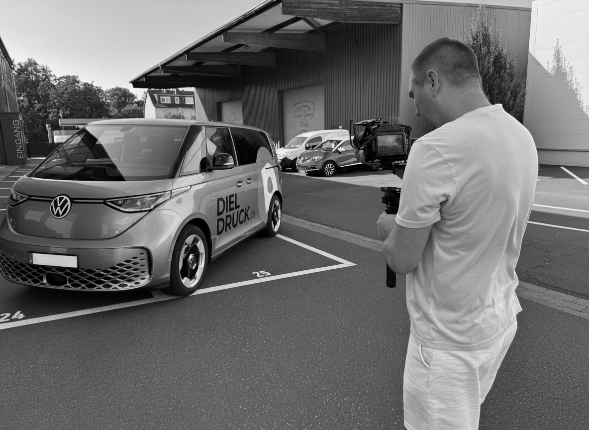 Videograf der Werbeagentur FourMedia bei den Dreharbeiten für einen Imagefilm mit einem VW ID. Buzz für den Kunden „Diel Druck“ in Fulda.